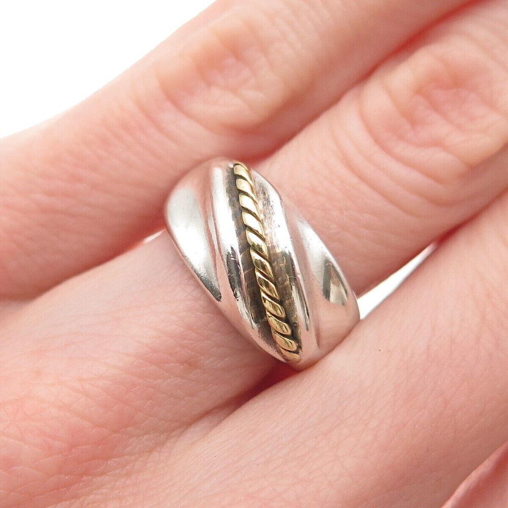 925 Sterling Silver 2-Tone Vintage Mexico Modernist Oxidized Ring Size 6